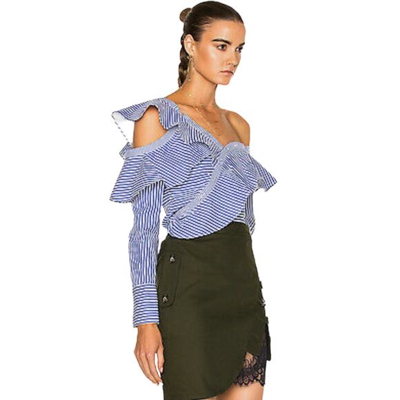 Self Portrait Asymmetrical Blue Striped Top Blouse Size 2 - Picture 12 of 13